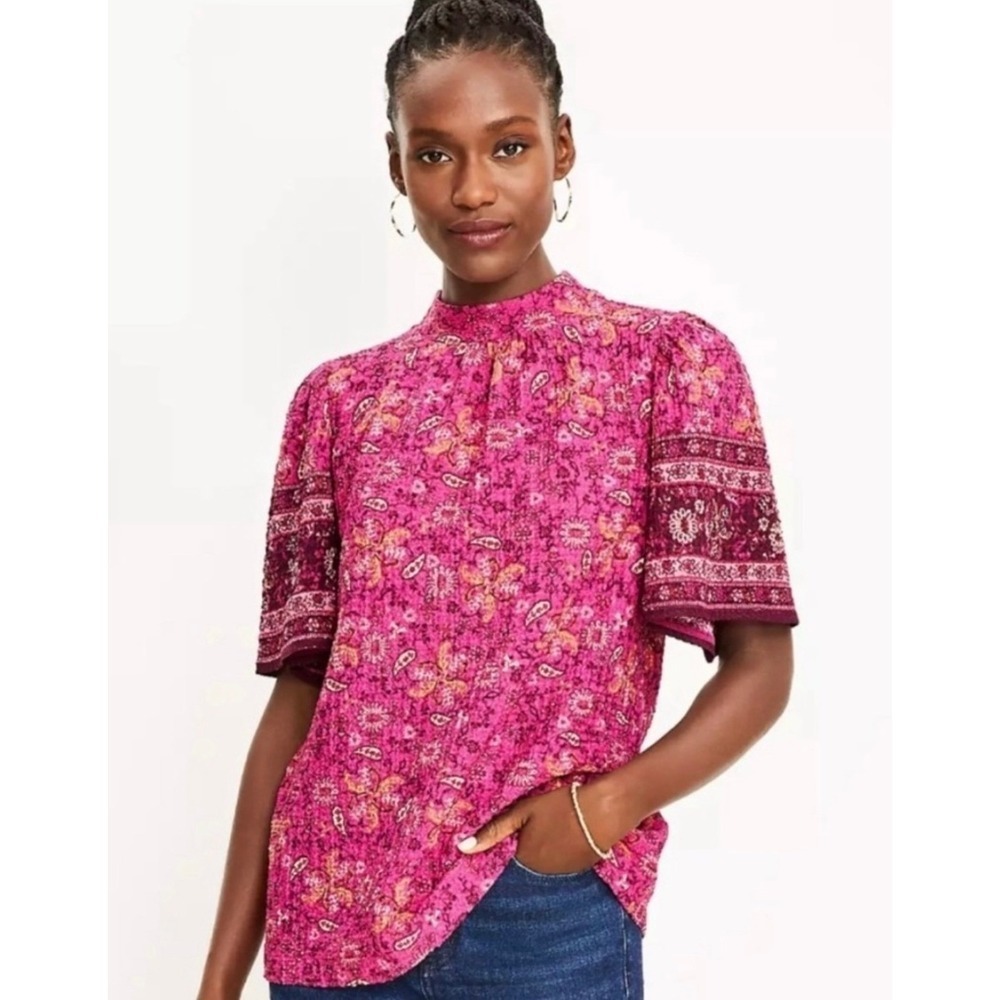 LOFT Blouse Top Size Large Pink Floral Print Short Sleeve Boho Feminine Casual - Picture 2 of 11